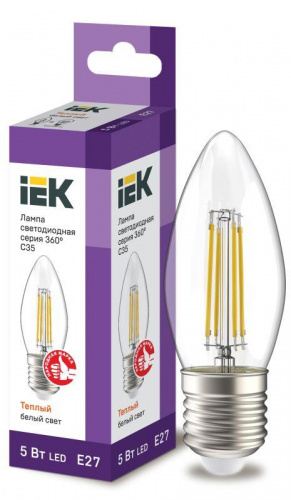 Изображение Лампа светодиодная филаментная 360° C35 5Вт свеча 3000К E27 230В прозр. IEK LLF-C35-5-230-30-E27-CL 