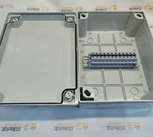 Изображение Коробка клеммная КСП-12 IP56 300х220x120 Express серая 12х0.5-16 кв.мм, 76А, 12 клемм винтовых, без сальников 