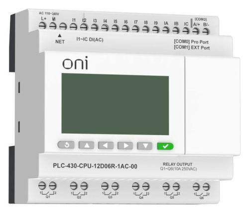 Изображение Модуль ЦПУ ПЛК 430 12 DI 6 RO 220В AC с Ethernet портом с экраном ONI PLC-430-CPU-12D06R-1AC-00 