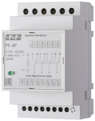Изображение Реле промежуточное PK-4P (монтаж на DIN-рейке 35мм 24В 50Гц 4х8А 4 перекл.) F&F EA06.001.024 