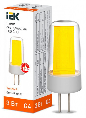 Изображение Лампа светодиодная COB 3Вт капсула 3000К G4 230В керамика IEK LLE-COB-3-230-30-G4 