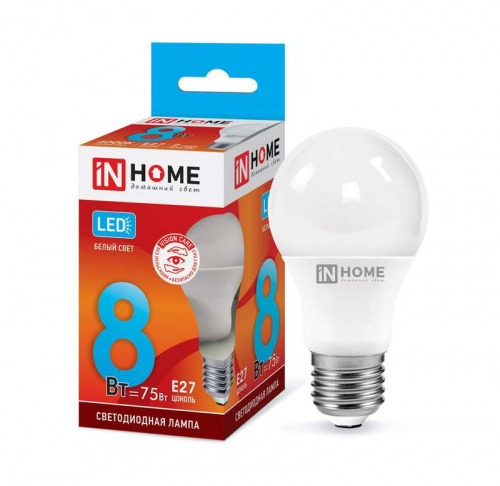 Изображение Лампа светодиодная LED-A60-VC 8Вт 230В E27 4000К 720Лм IN HOME 4690612024028 