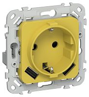 Изображение Розетка 1-м СП FLITE РСЮша11-0-ФлЖК 16А с USB A+A 3.1А с заземл. с защ. шторками механизм желт. карри IEK FI-R14-16-U21-D31-K44 