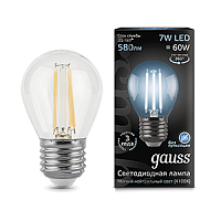 Изображение Лампа светодиодная LED 7Вт 230в, E27 Filament белый шар Gauss  105802207 (упак.10 шт.) 